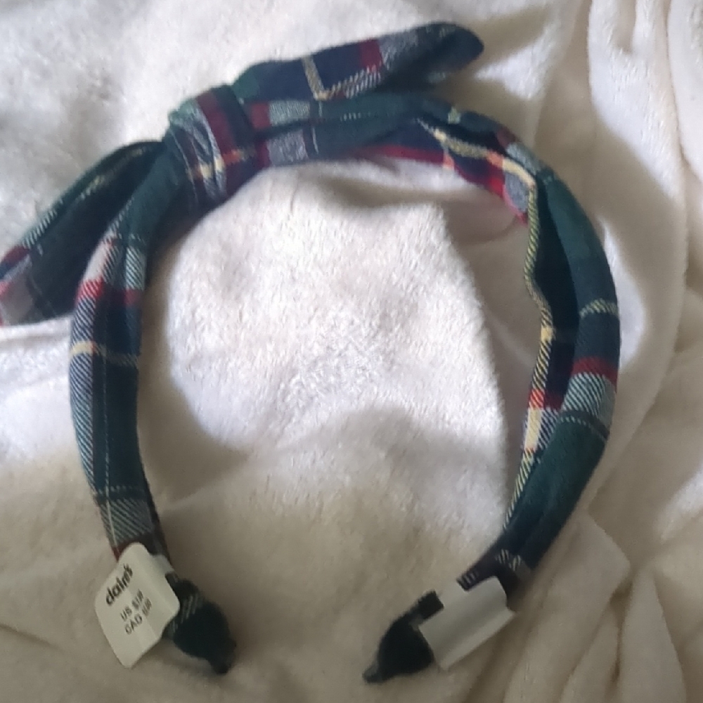 Claire's Green Plaid Knot Headband with Red and White Accent